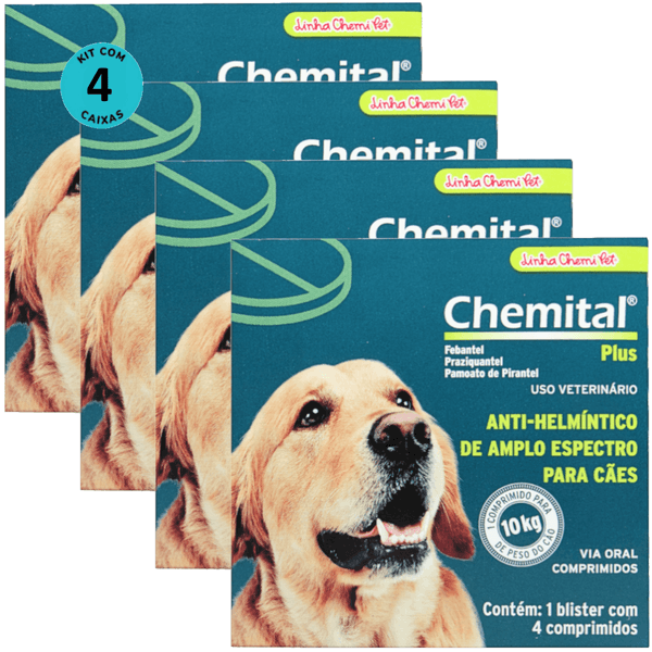 Chemital Plus Com 4 Comprimidos Chemitec Vermífugo Para Cães Kit Com 4 Cx